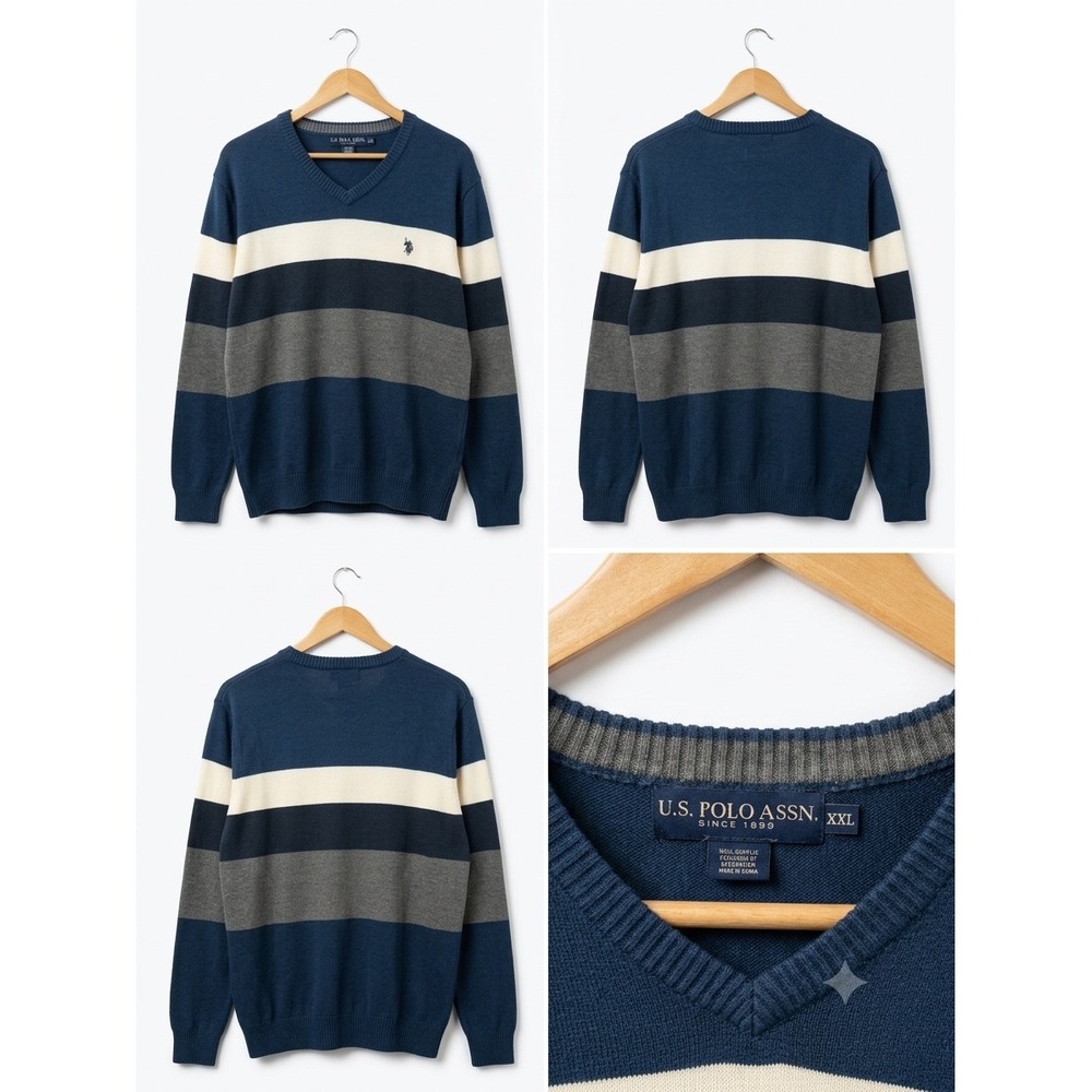 US Polo Assn Mens XXL V-Neck Sweater Navy Blue Striped Pullover Knit Pony Logo